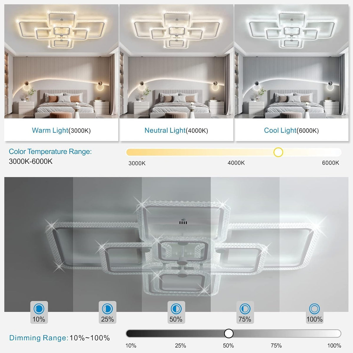 41.3in Modern LED Ceiling Light Fixture Dimmable Crystal Flush Mount Led Ceiling Lights 8 Square Frame with Remote Ceiling Lamps for Living Room Kitchen Bedroom