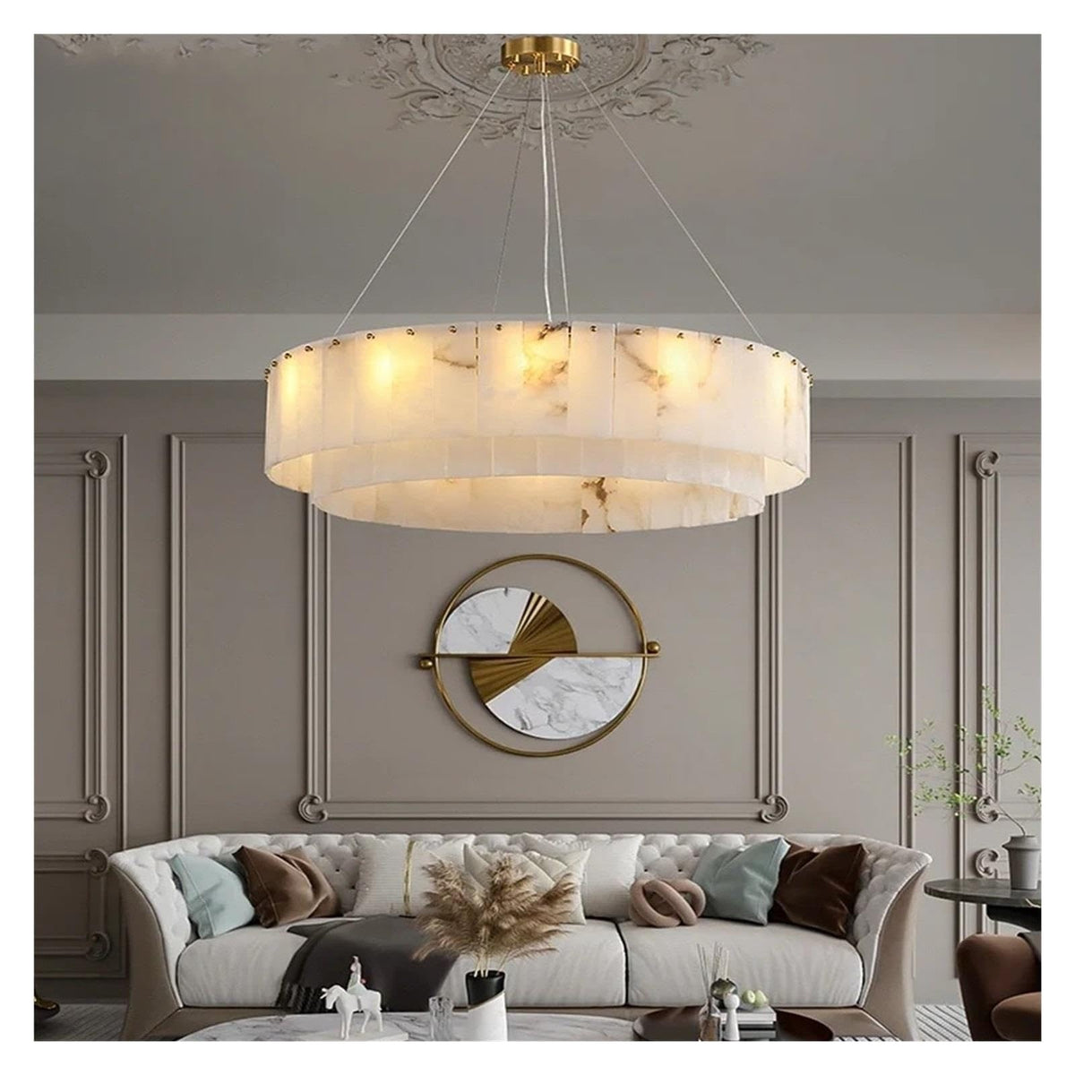 Round Drum Natural Alabaster Chandelier, Modern Marble Shade Pendant Light