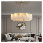 Round Drum Natural Alabaster Chandelier, Modern Marble Shade Pendant Light