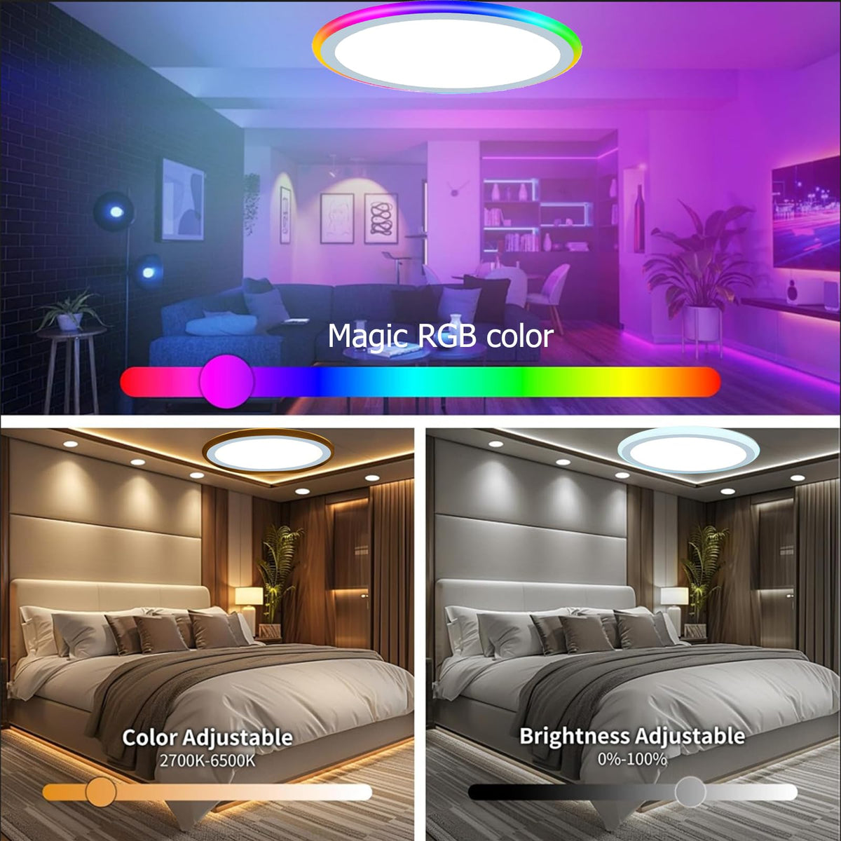 6Pack 13Inch Magic RGB Flush Mount Led Ceiling Light,34W 3400LM Dimmable with Remote Control 3000-6500K+RGB Color Changing Ceiling Light.Surface Round Ceiling Lights for Bedroom Living Room (White)