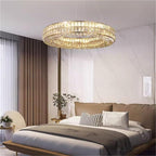 Modern Round Light Luxury Living Room Chandelier 3 Color Mode K9 Crystal Shade Smart Hanging Lamp Gold Semi Flush Mount Ceiling Light Fixture for Villa Restaurant Corridor Hotel