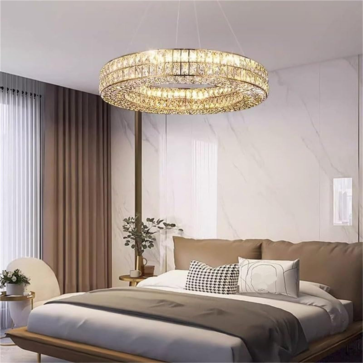 Modern Round Light Luxury Living Room Chandelier 3 Color Mode K9 Crystal Shade Smart Hanging Lamp Gold Semi Flush Mount Ceiling Light Fixture for Villa Restaurant Corridor Hotel