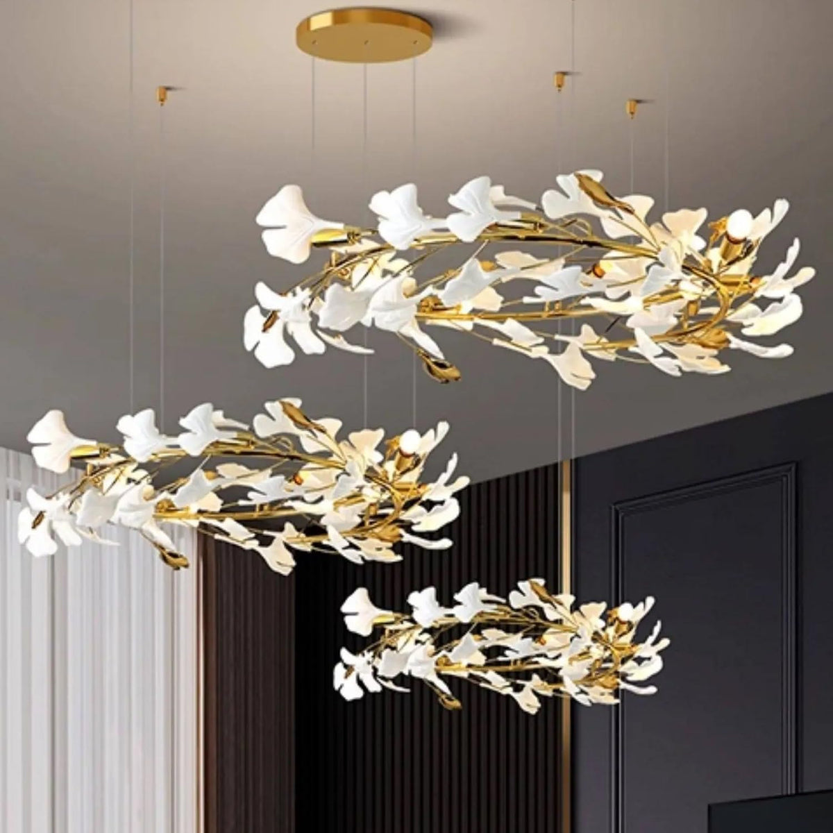 Ceiling Pendant Light, Round Ginkgo Leaf Chandelier Ring for Duplex Staircase Living Room Long Gold Hanging for High Ceiling Vila Hotel(Changeable,D80 100 120CM)