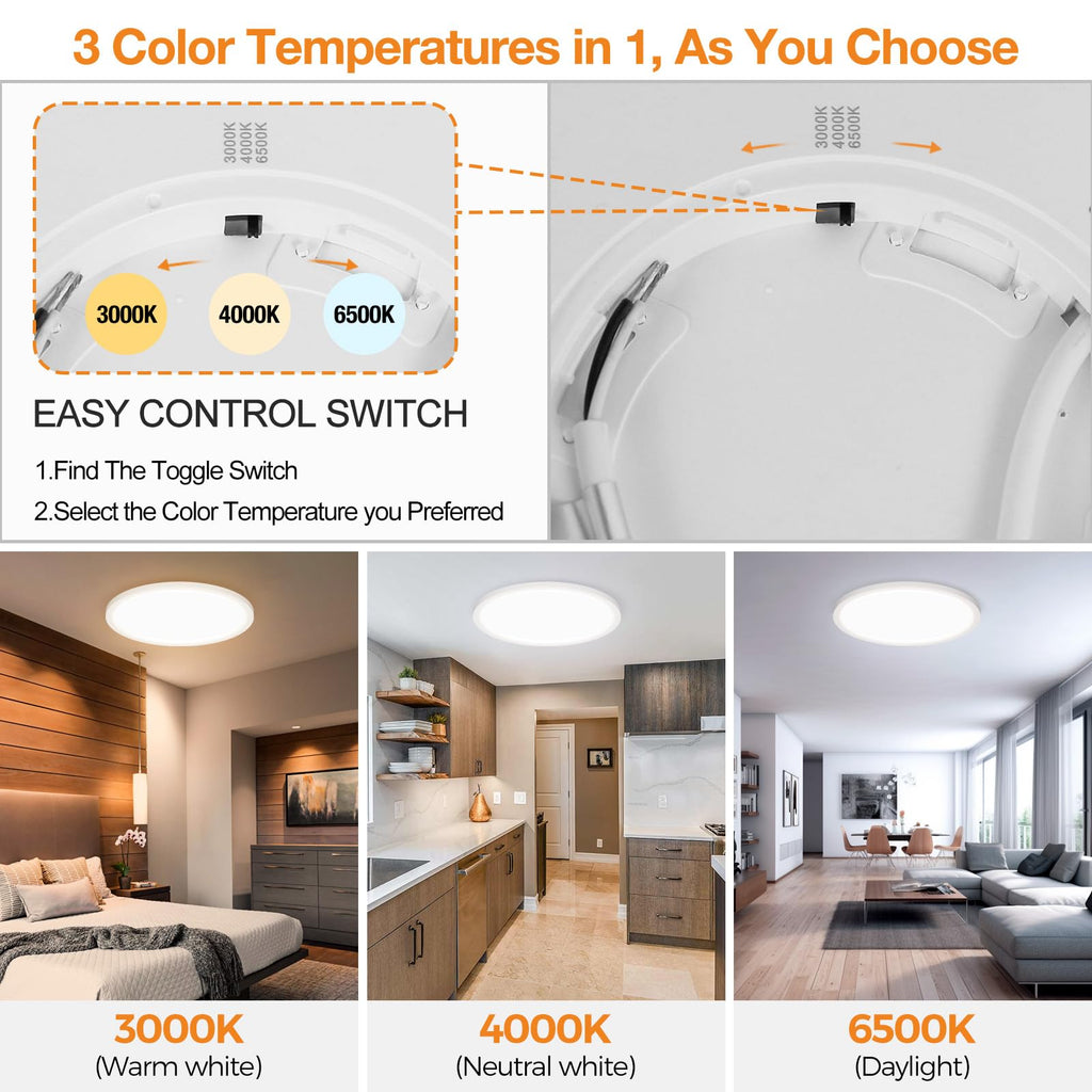 8PACK LED Flush Mount Ceiling Light Fixture, 3000K-4000K-6500K & 150W Equivalent Modern Kitchen Recessed Ceiling Lamp 24W 3200Lm 12Inch Closet Round Surface for Bathroom Laundry Bedroom Hallway