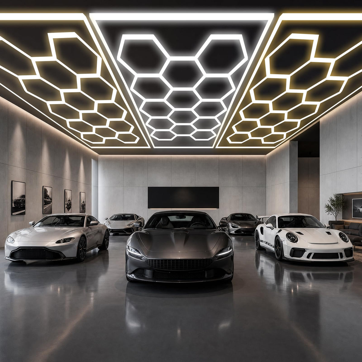 ALLYES Hexagon Garage Lights,Ceiling Lights Super Bright Lighting,with Smart Switch,3000K/4500K/6500K,Car Detailing Ceiling Light for Workshop Warehouse Basement Gym Auto Detailing Auto Detailing