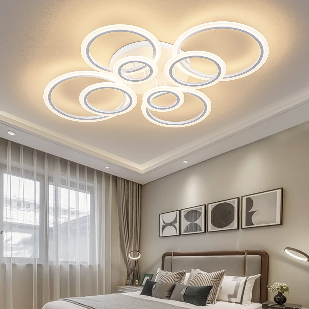 1pc 8 Rings Large Modern LED Ceiling Light with Remote Control with 3pc Small White 4 Rings Ceiling Light Fixture, 3000-6000K Color Temperature Adjustable and Brightness Dimmable