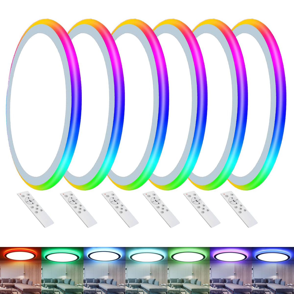 6Pack 13Inch Magic RGB Flush Mount Led Ceiling Light,34W 3400LM Dimmable with Remote Control 3000-6500K+RGB Color Changing Ceiling Light.Surface Round Ceiling Lights for Bedroom Living Room (White)
