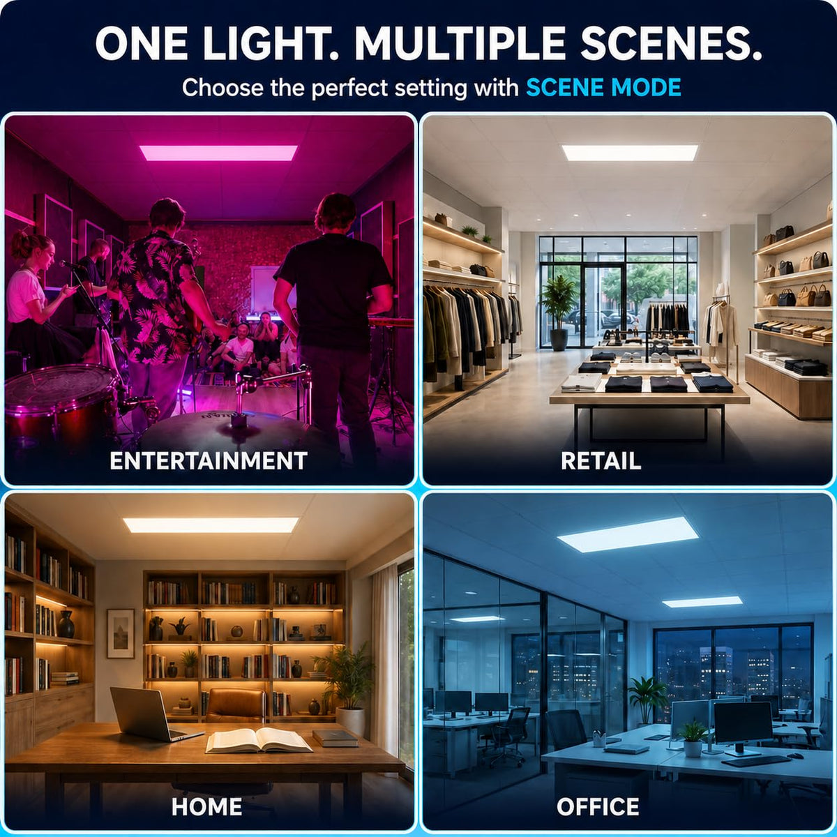 4 Pack 2X4 FT LED RGBW 5000K Multicolor Flat Panel, Light Remote & App Controlled 60W 6600lm Color Changing LED Panel Light Smart Wi-Fi Drop Ceiling Light with Alexa/Google Assistant