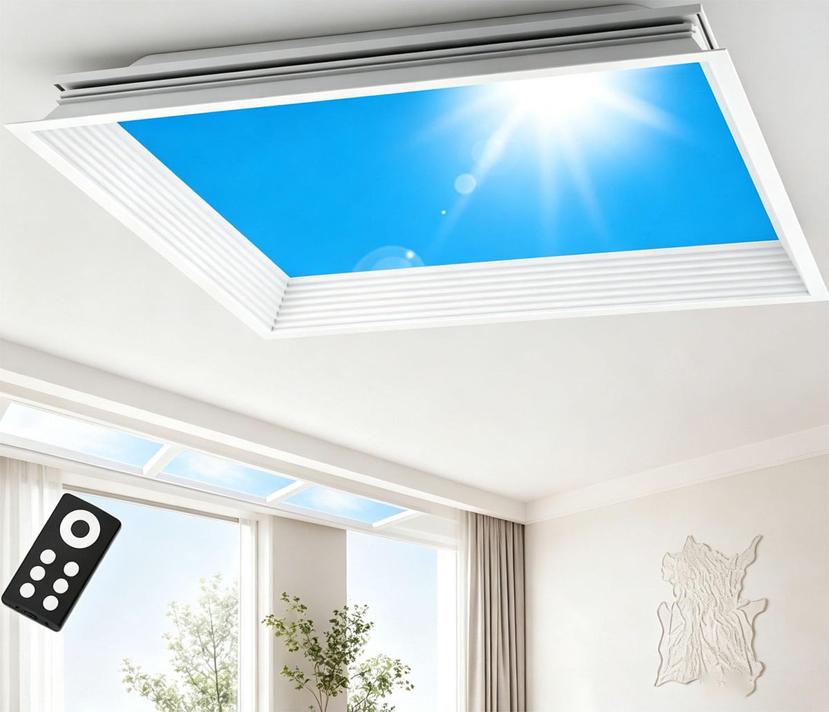 Artificial Skylight with Remote Control, Smart Led Blue Sky Ceiling Light, 3000k-6000k Simulates Natural Daylight with Stepless Dimming, for Windowless Room, Basement Null Integrated-60*120cm