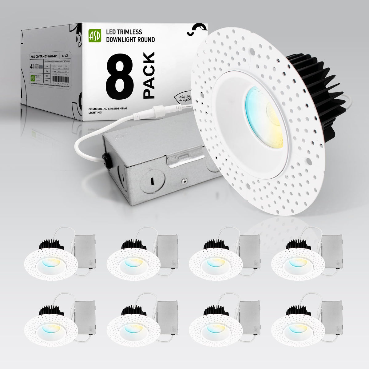 ASD 2 Inch Trimless Gimbal LED Recessed Ceiling Light, Adjustable Directional Downlight with Junction Box, 5CCT 2700K-5000K, 8W 717 Lumens, CRI90+, Anti-Glare, Dimmable, IC & Wet Rated, ETL, 18 Pack