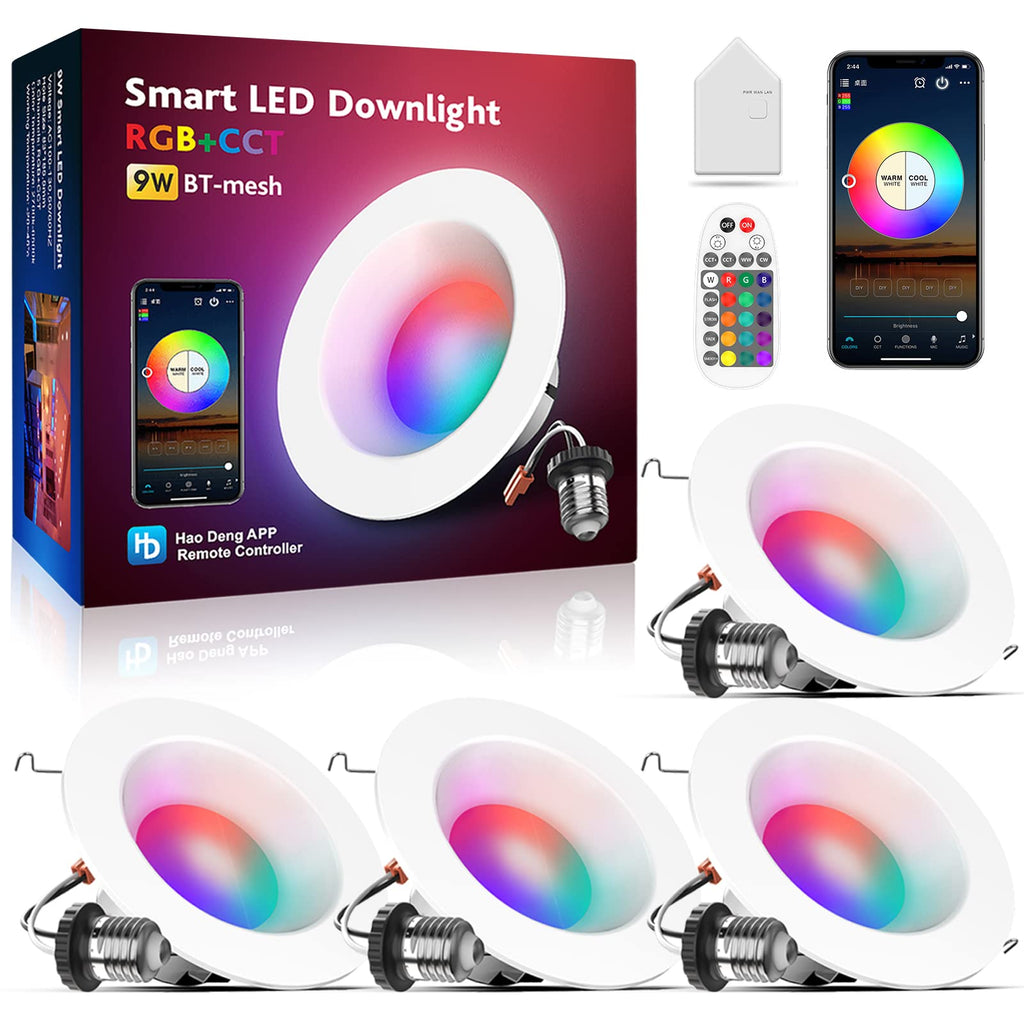 4" Smart Recessed Lighting 10 Pack, Multicolorred, Dimmable, 2700K~6500K, CRI80+, 4 Inch Color Changing Bluetooth Mesh LED Ceiling Light, RGB Canless Retrofit LED Downlight