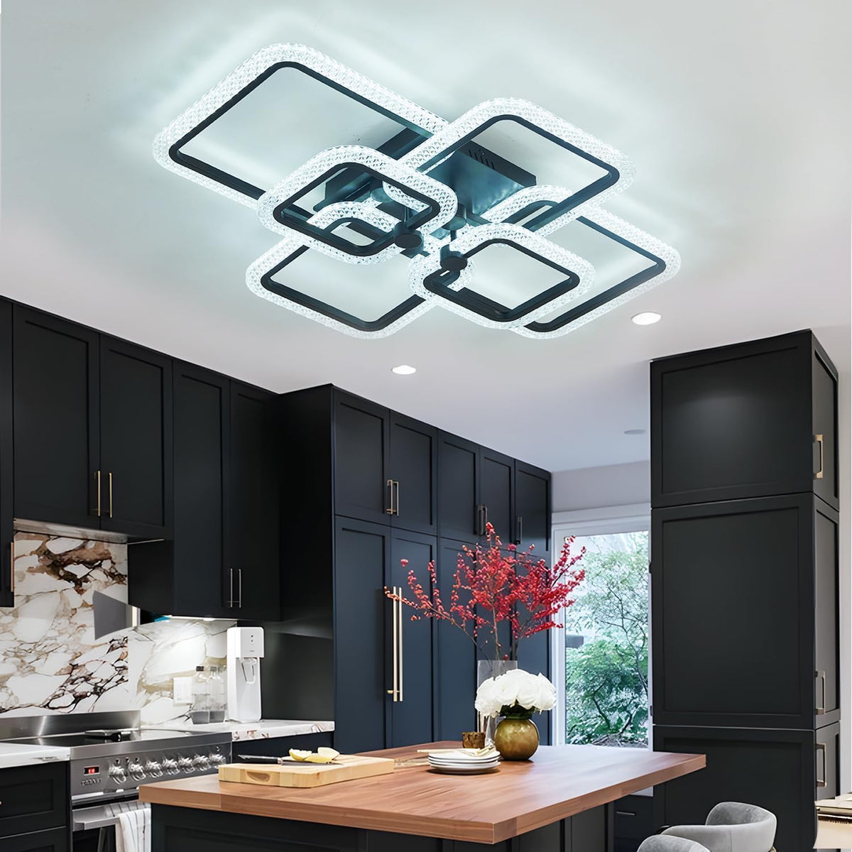 41.3in Modern LED Ceiling Light Fixture Dimmable Crystal Flush Mount Led Ceiling Lights 8 Square Frame with Remote Ceiling Lamps for Living Room Kitchen Bedroom