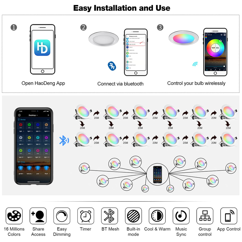 4" Smart Recessed Lighting 10 Pack, Multicolorred, Dimmable, 2700K~6500K, CRI80+, 4 Inch Color Changing Bluetooth Mesh LED Ceiling Light, RGB Canless Retrofit LED Downlight