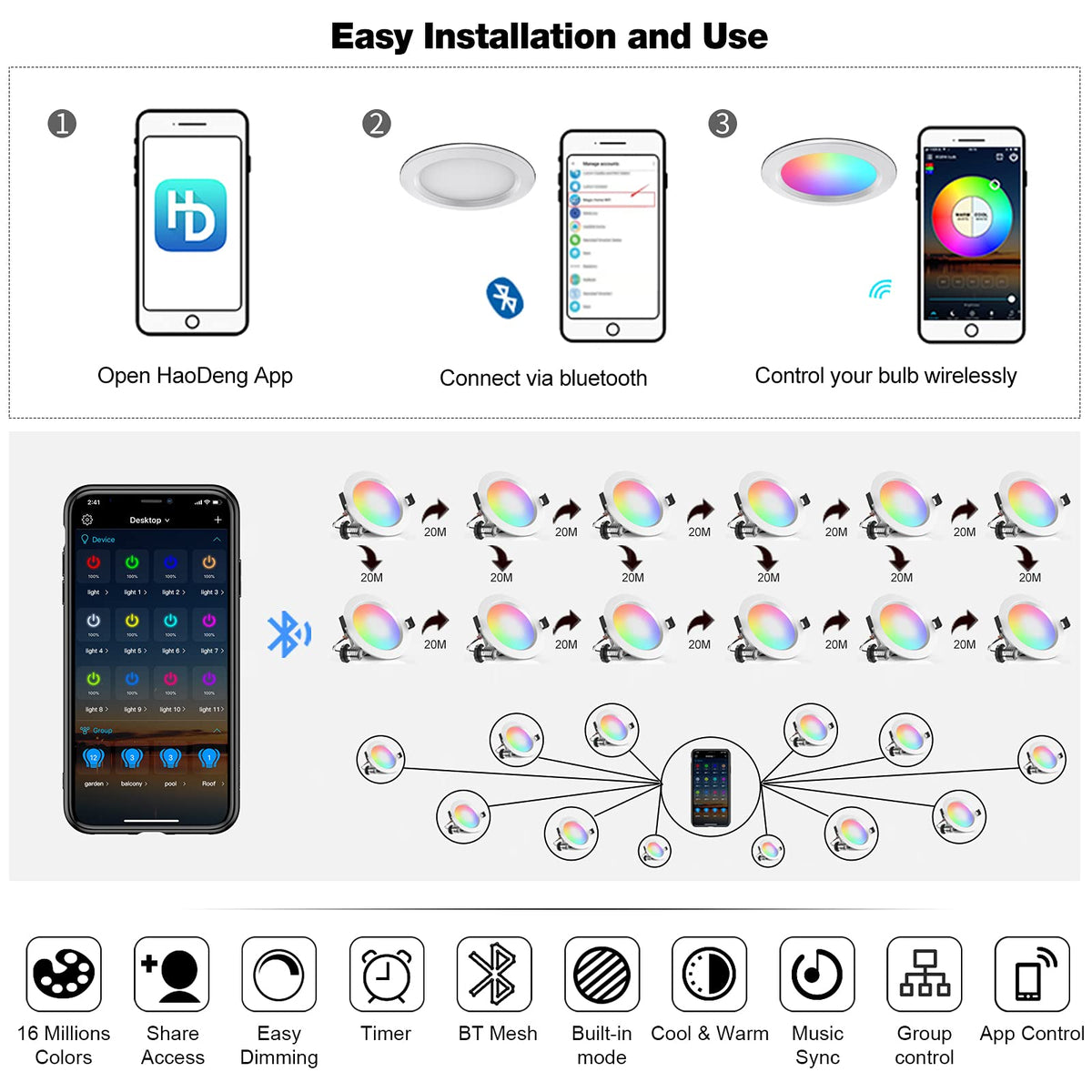 4" Smart Recessed Lighting 10 Pack, Multicolorred, Dimmable, 2700K~6500K, CRI80+, 4 Inch Color Changing Bluetooth Mesh LED Ceiling Light, RGB Canless Retrofit LED Downlight
