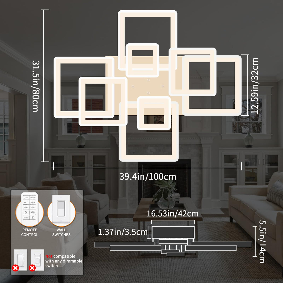 1pc 6 Rings Modern White Light Fixture Ceiling Mount with 1pc 8 Rings Square White Modern LED Ceiling Light Dimmbable Brightness and 3000-6000K Light Color by Remote Control