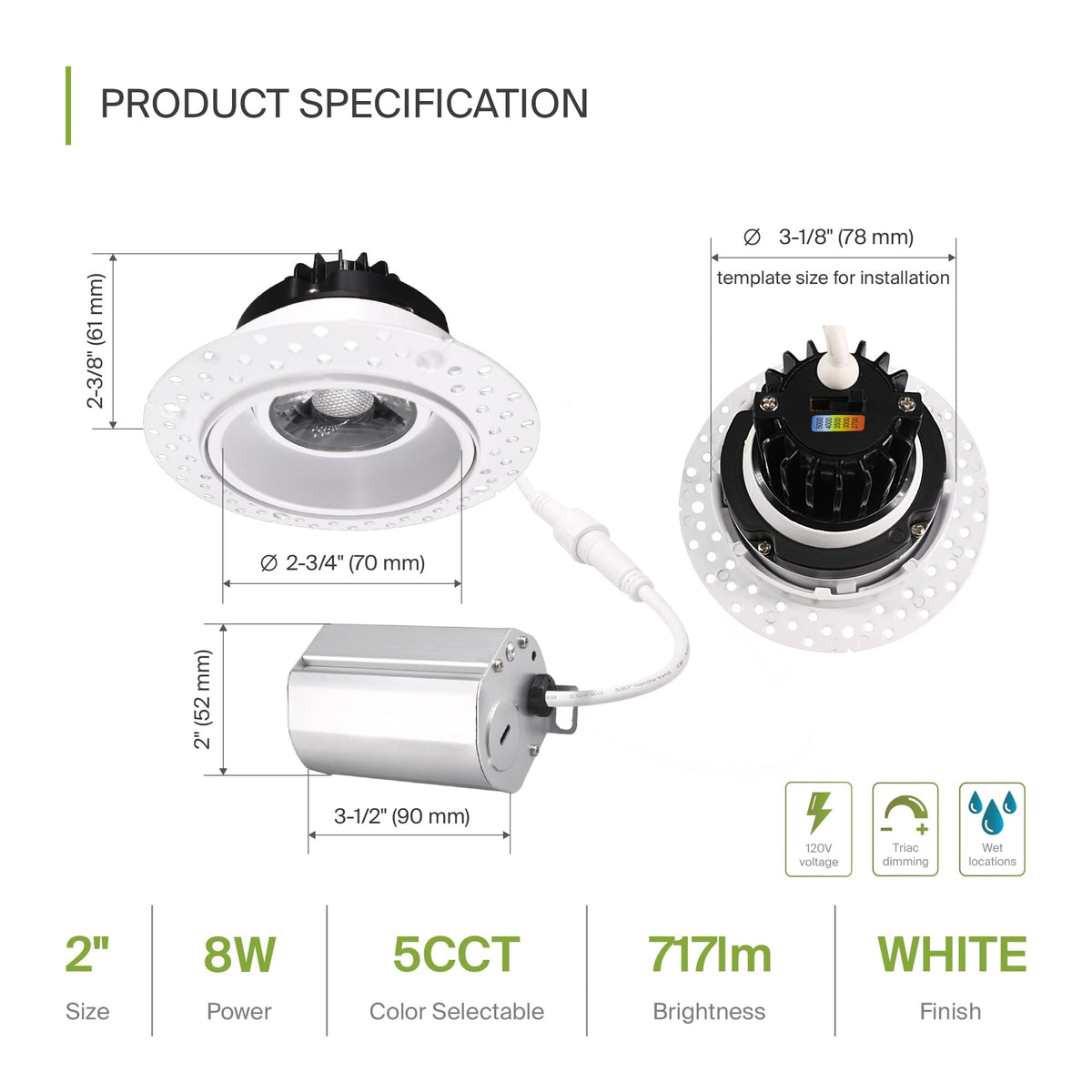 ASD 2 Inch Trimless Gimbal LED Recessed Ceiling Light, Adjustable Directional Downlight with Junction Box, 5CCT 2700K-5000K, 8W 717 Lumens, CRI90+, Anti-Glare, Dimmable, IC & Wet Rated, ETL, 18 Pack