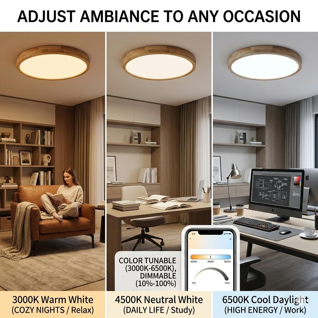 32 Inch Natural Wood Finish,Wood Flush Mount Ceiling Light