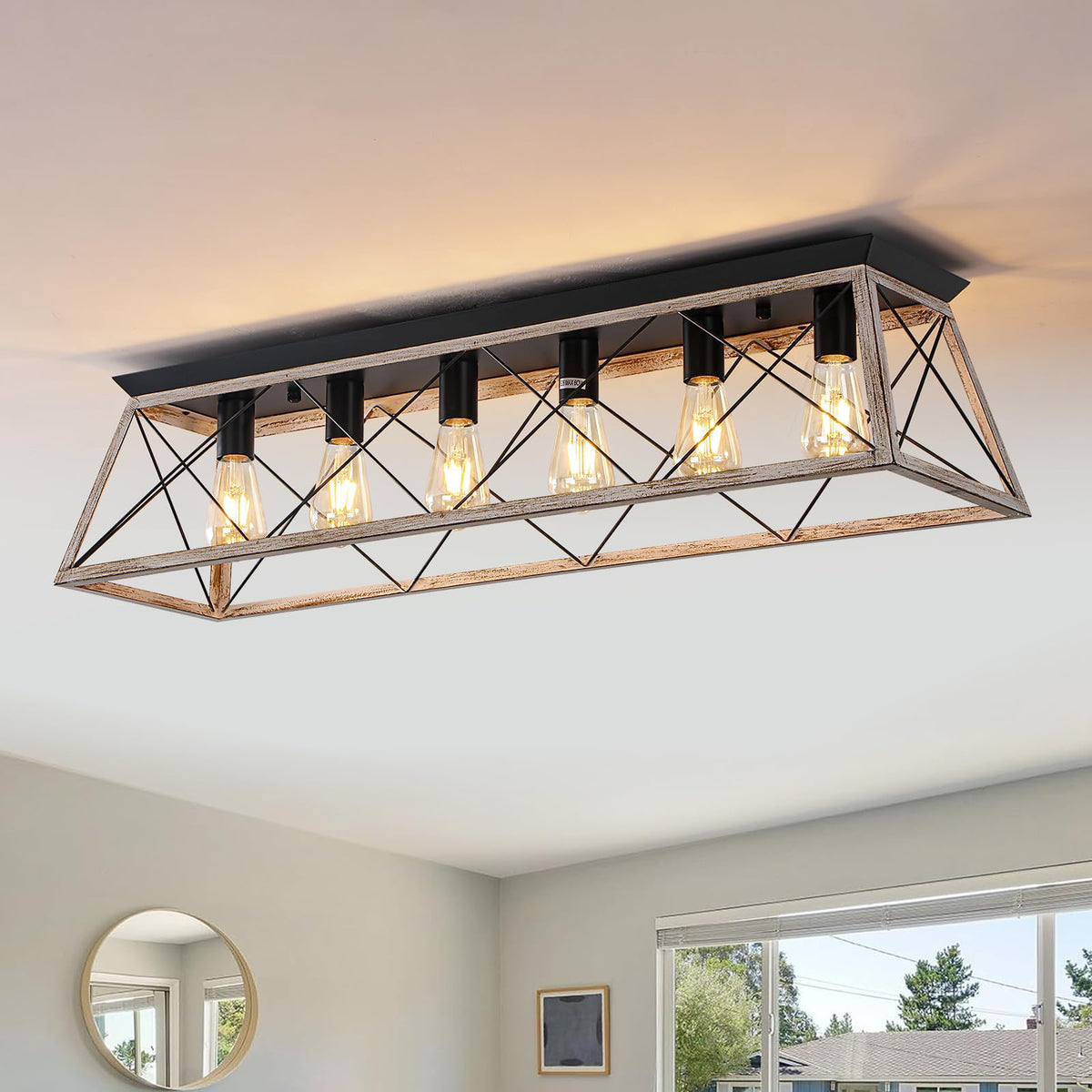 38” Farmhouse Large Flush Mount Ceiling Light Fixture with Walnut Finish