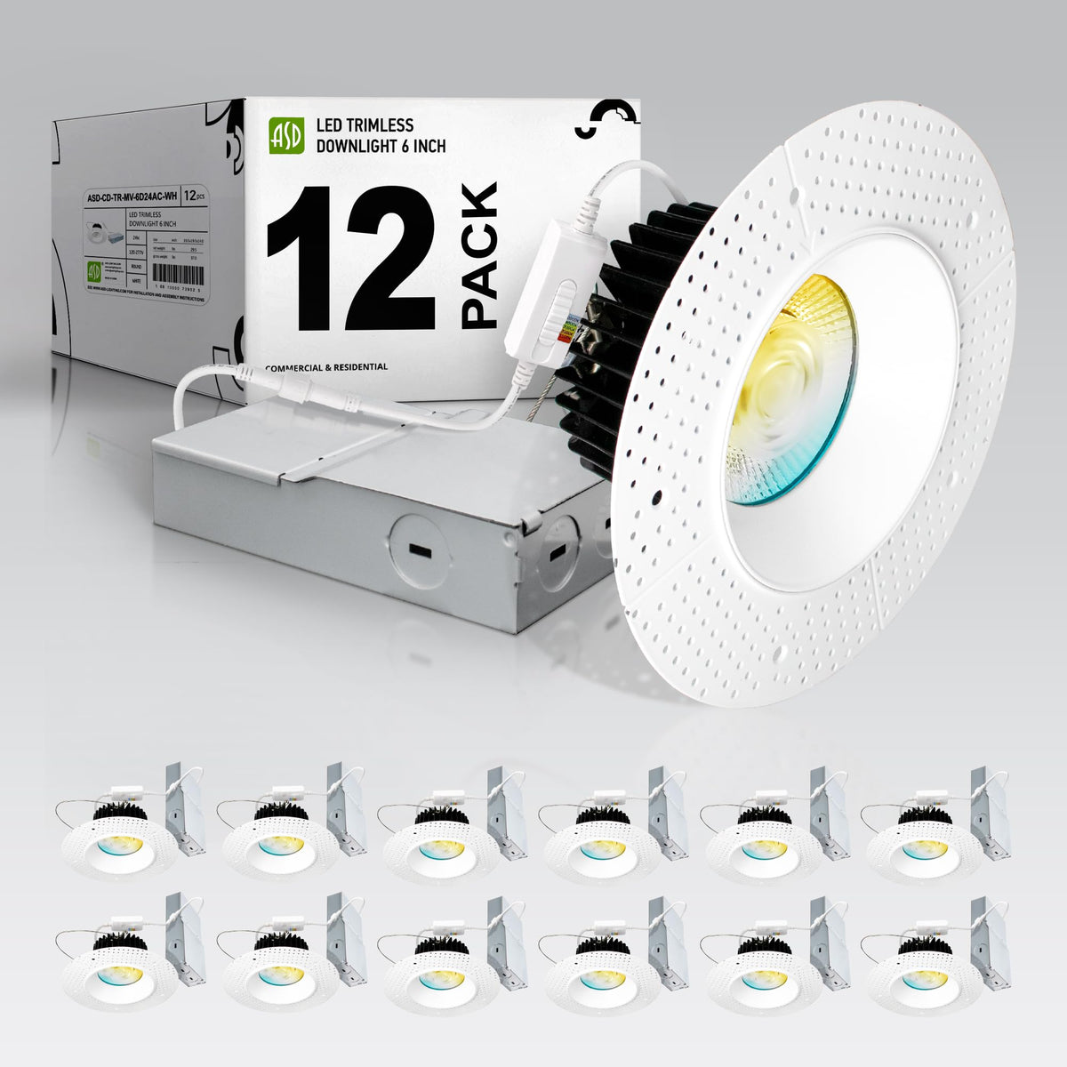 ASD 2 Inch Trimless Gimbal LED Recessed Ceiling Light, Adjustable Directional Downlight with Junction Box, 5CCT 2700K-5000K, 8W 717 Lumens, CRI90+, Anti-Glare, Dimmable, IC & Wet Rated, ETL, 18 Pack