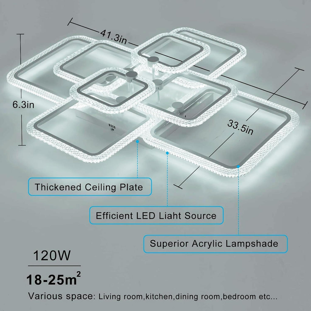 41.3in Modern LED Ceiling Light Fixture Dimmable Crystal Flush Mount Led Ceiling Lights 8 Square Frame with Remote Ceiling Lamps for Living Room Kitchen Bedroom