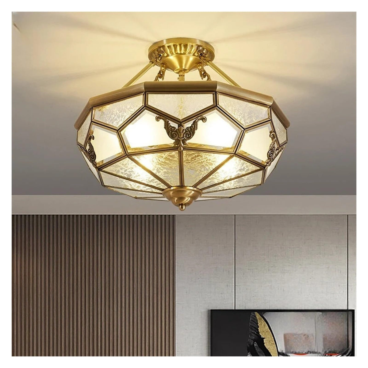 Vintage American Octagonal Flush Mount Ceiling Light Solid Brass Frame with Frosted Crackle Glass Shades Traditional Luxury Chandelier