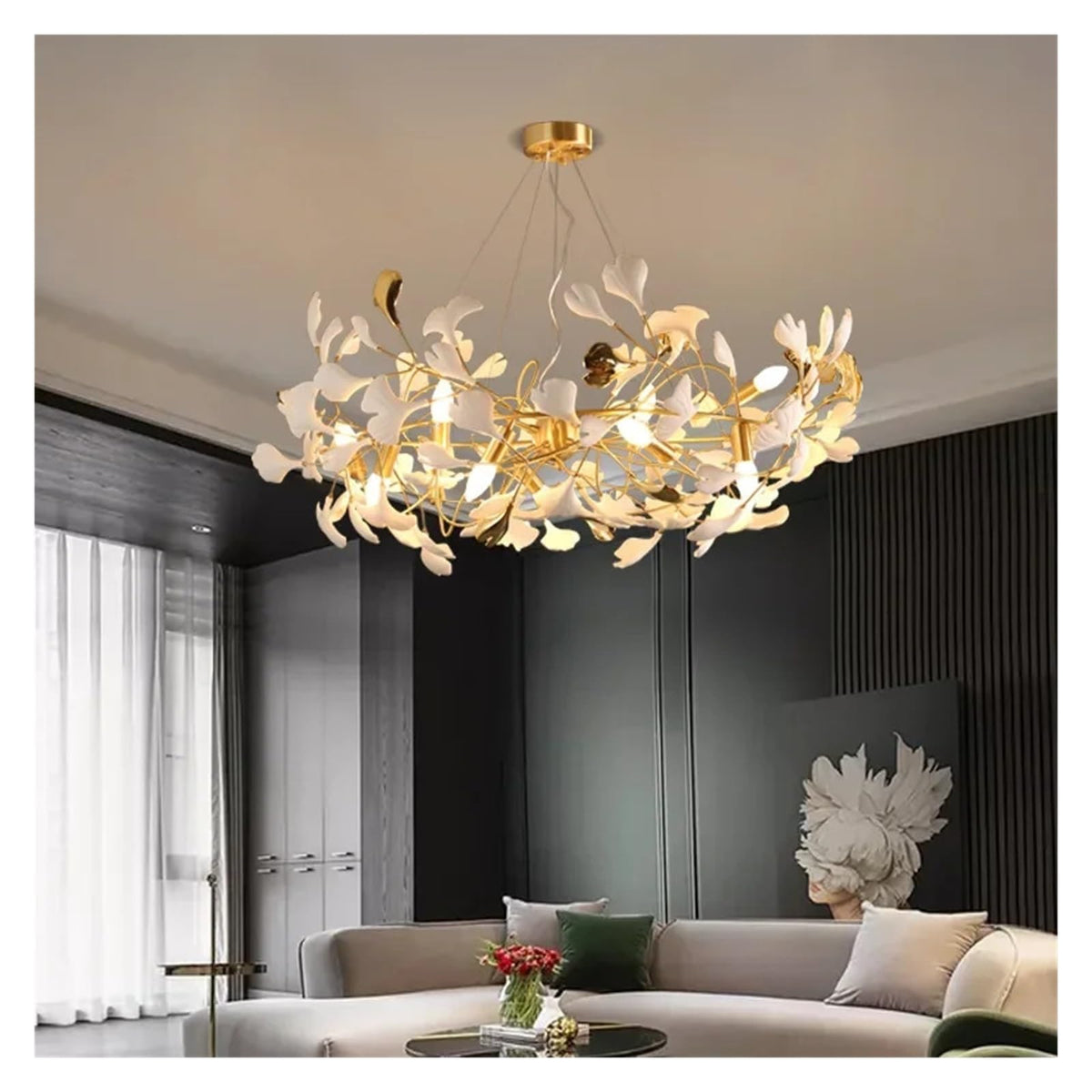 Modern Ceramic Petal Chandelier Nordic Design Ginkgo Branch Leaves Copper Led Lighting Living Room Decoration,Room Light