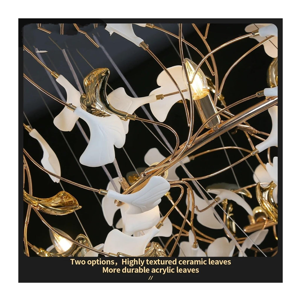 Round Ginkgo Leaf Chandelier Ring Long Gold Hanging For Hotel