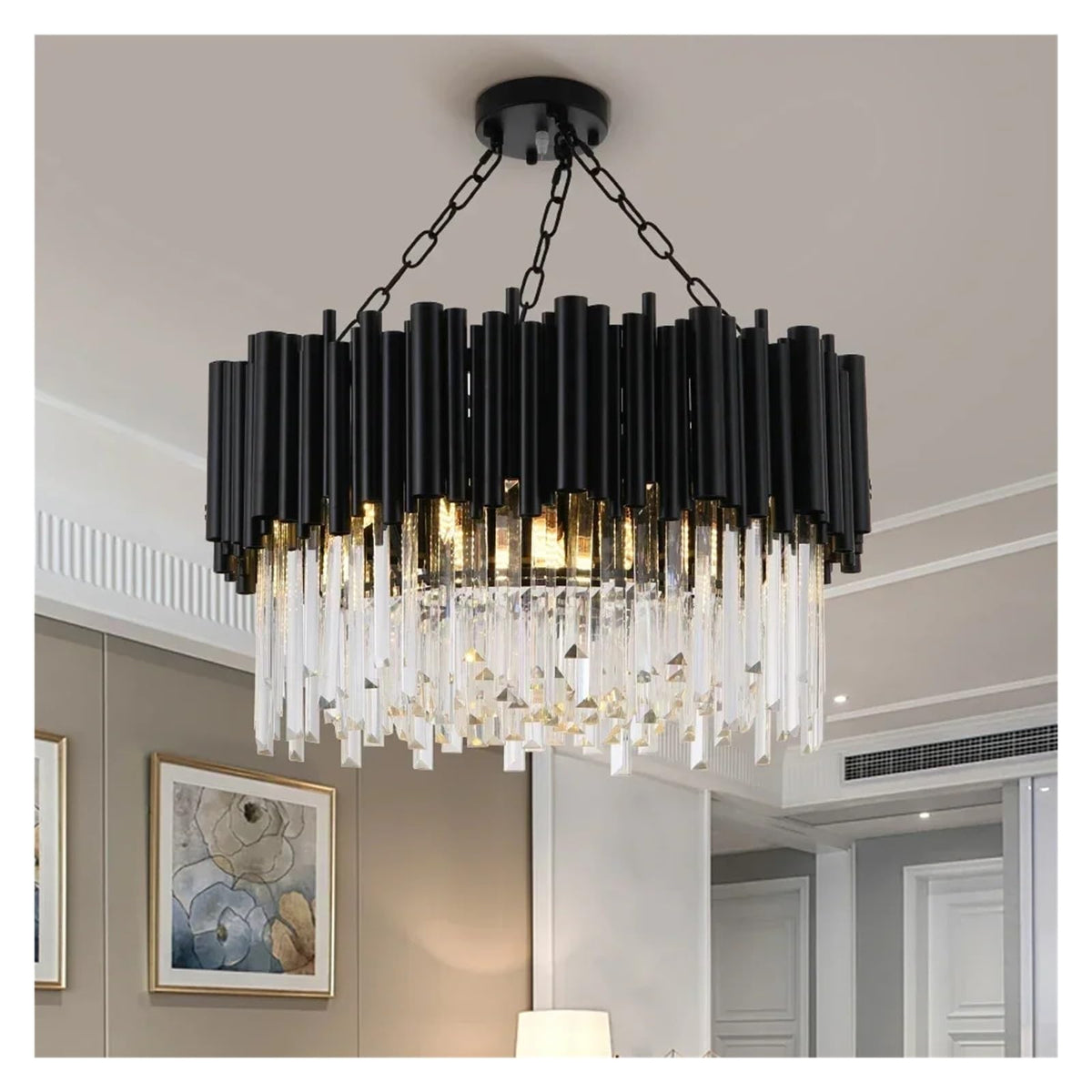 Round Hanging Lights Modern K9 Crystal Luxury LED Chandelier Lighting Black Fixtures Lights