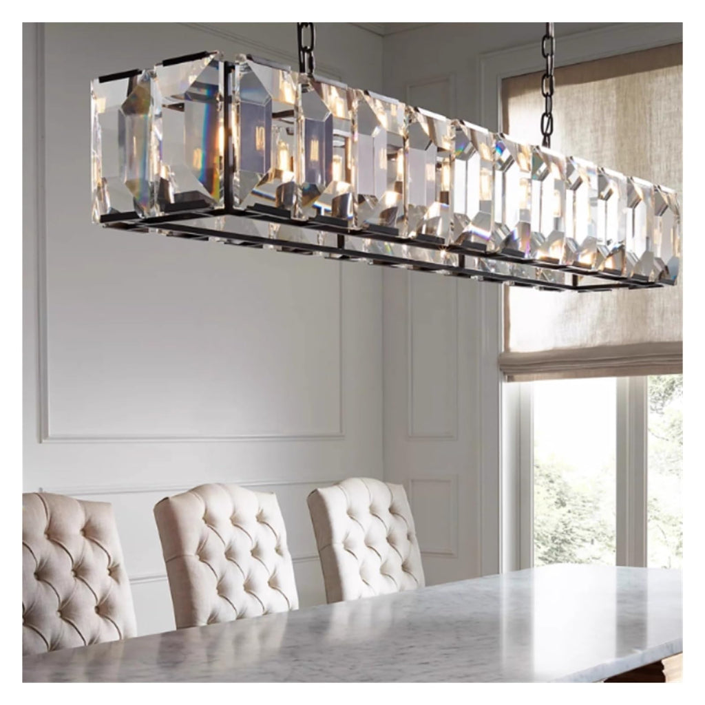 Modern Luxury Rectangular Crystal Dining Room Pendant Light Linear Chandelier with Multi-Faceted Crystal Blocks