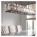 Modern Luxury Rectangular Crystal Dining Room Pendant Light Linear Chandelier with Multi-Faceted Crystal Blocks