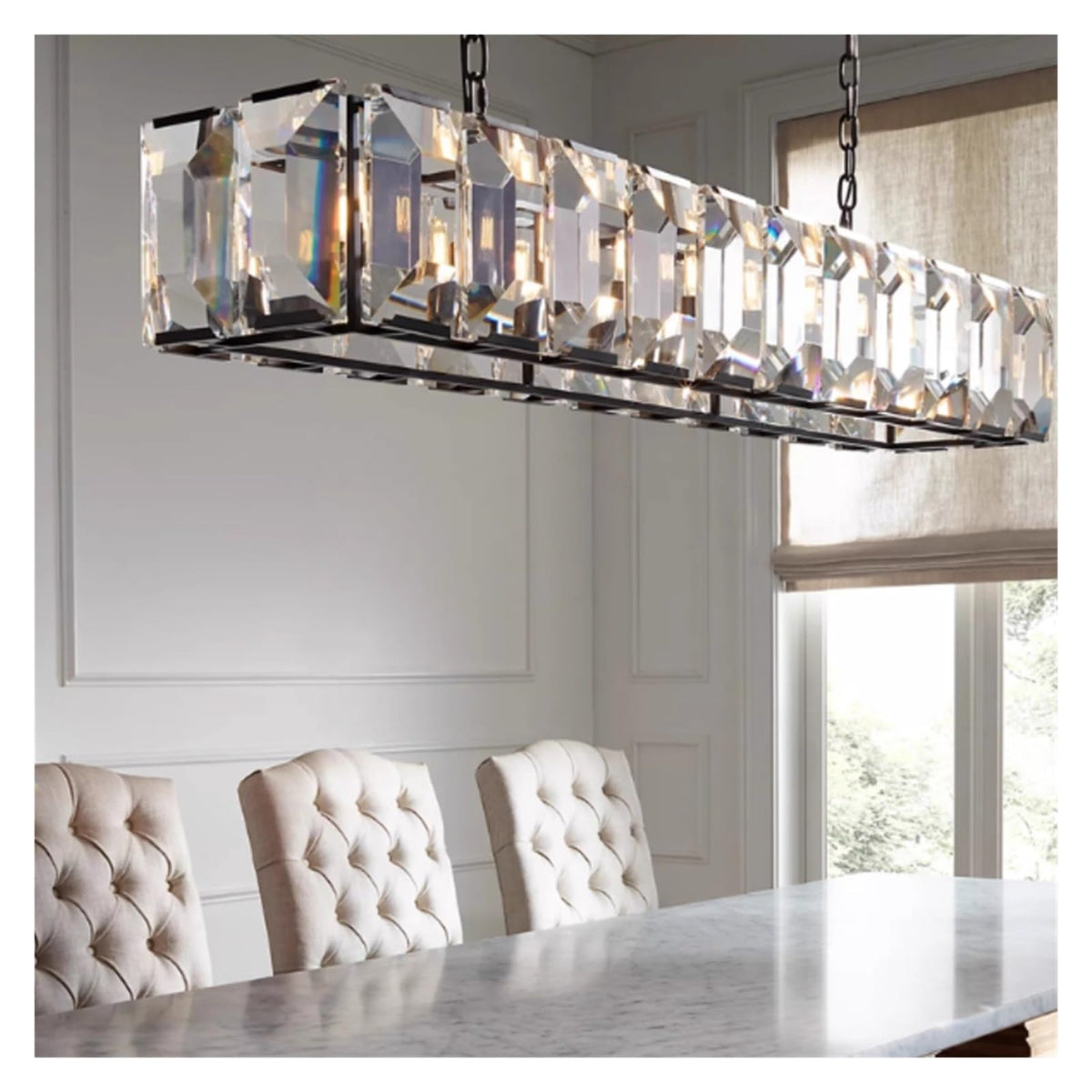 Modern Luxury Rectangular Crystal Dining Room Pendant Light Linear Chandelier with Multi-Faceted Crystal Blocks