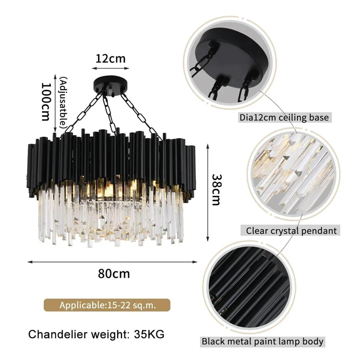 Round Hanging Lights Modern K9 Crystal Luxury LED Chandelier Lighting Black Fixtures Lights