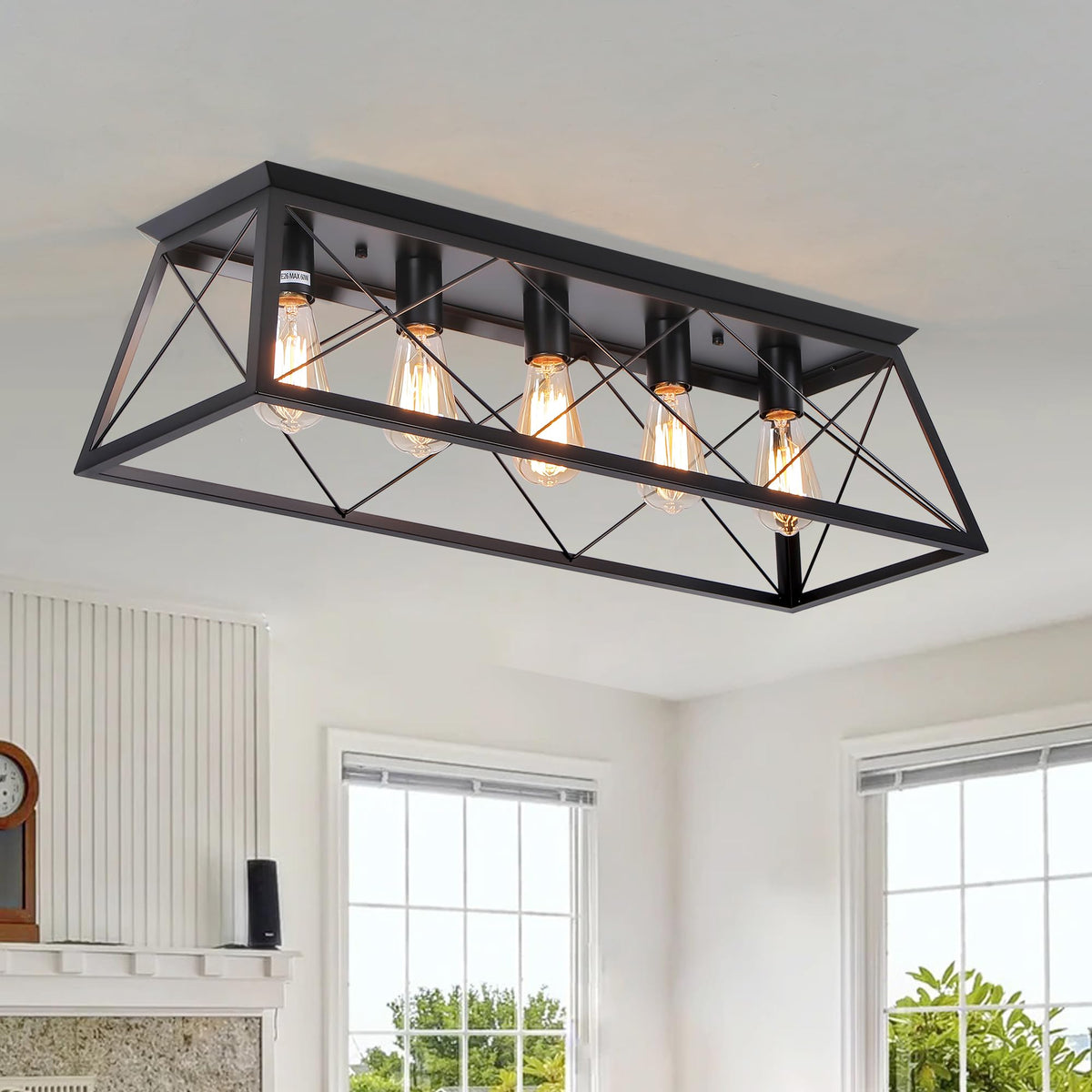 38” Farmhouse Large Flush Mount Ceiling Light Fixture with Walnut Finish