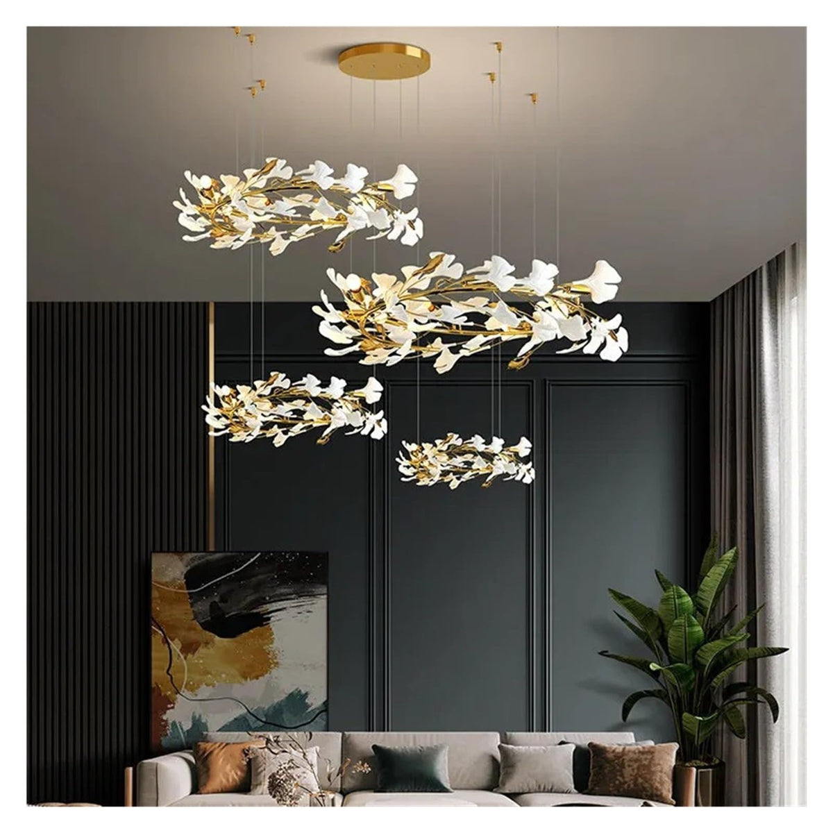 Round Ginkgo Leaf Chandelier Ring Long Gold Hanging For Hotel