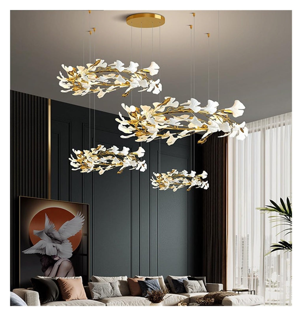 Round Ginkgo Leaf Chandelier Ring Long Gold Hanging For Hotel