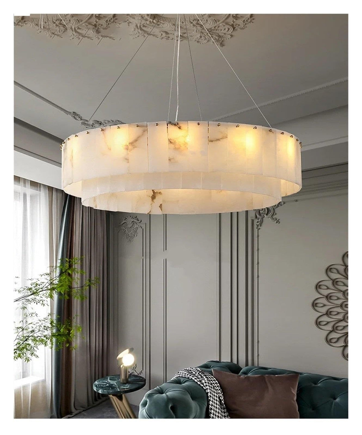 Round Drum Natural Alabaster Chandelier, Modern Marble Shade Pendant Light