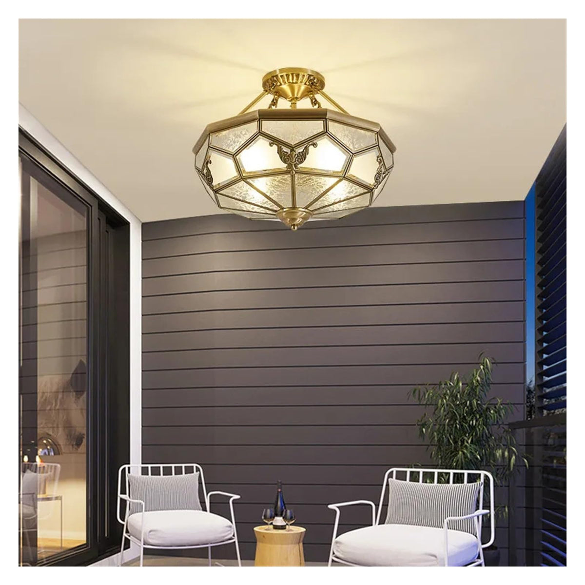 Vintage American Octagonal Flush Mount Ceiling Light Solid Brass Frame with Frosted Crackle Glass Shades Traditional Luxury Chandelier