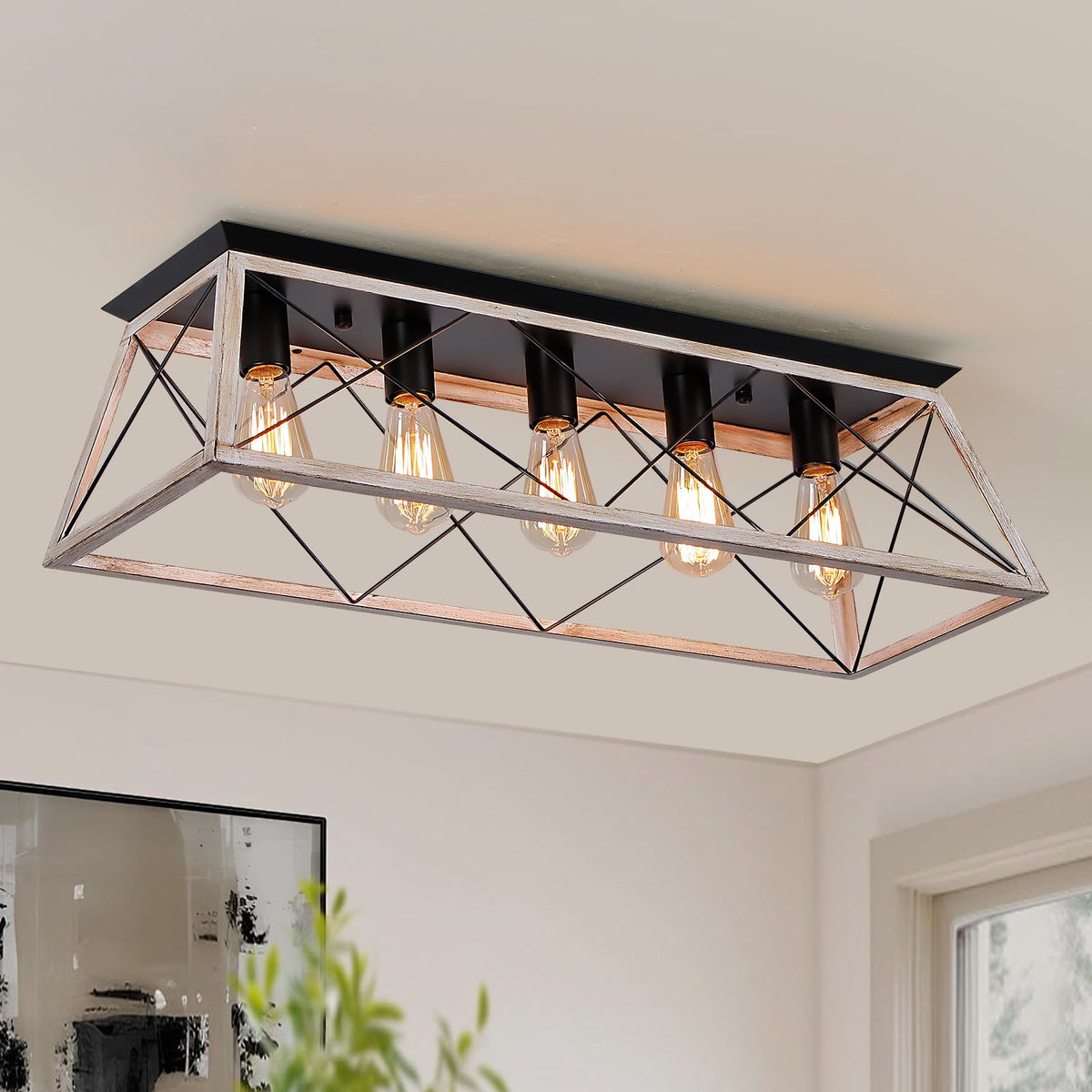 38” Farmhouse Large Flush Mount Ceiling Light Fixture with Walnut Finish