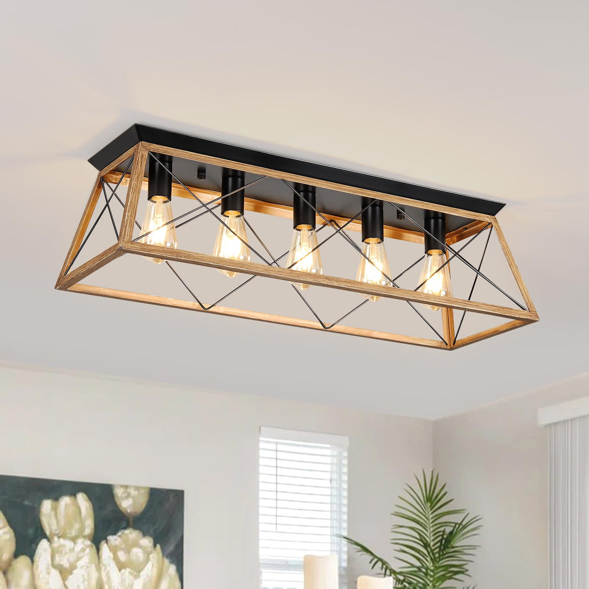 38” Farmhouse Large Flush Mount Ceiling Light Fixture with Walnut Finish