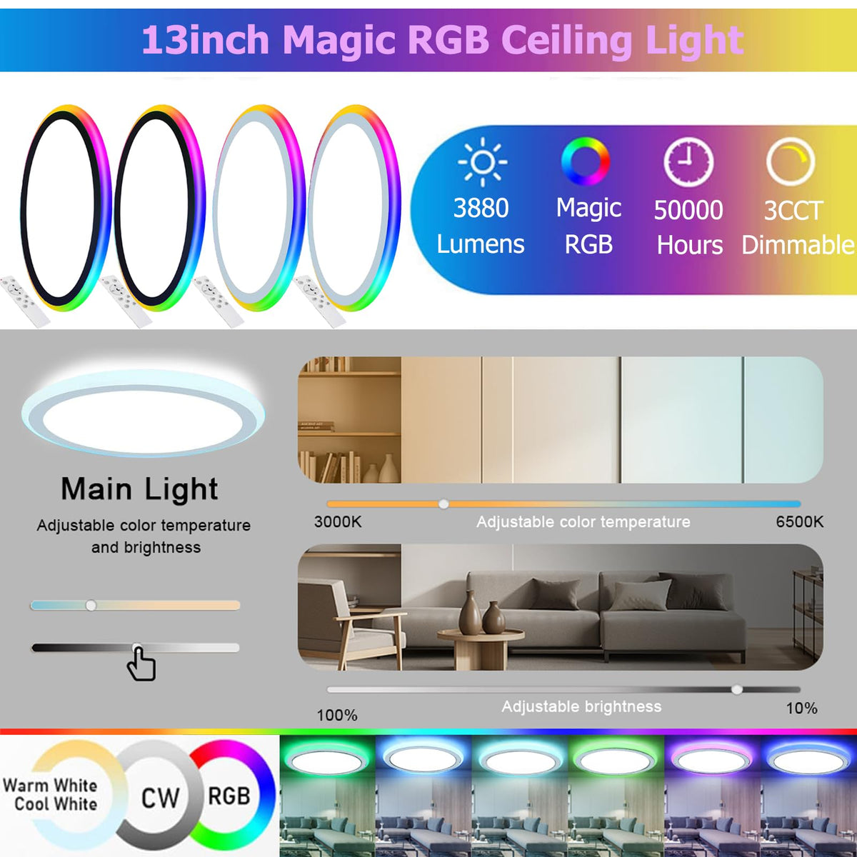 6Pack 13Inch Magic RGB Flush Mount Led Ceiling Light,34W 3400LM Dimmable with Remote Control 3000-6500K+RGB Color Changing Ceiling Light.Surface Round Ceiling Lights for Bedroom Living Room (White)