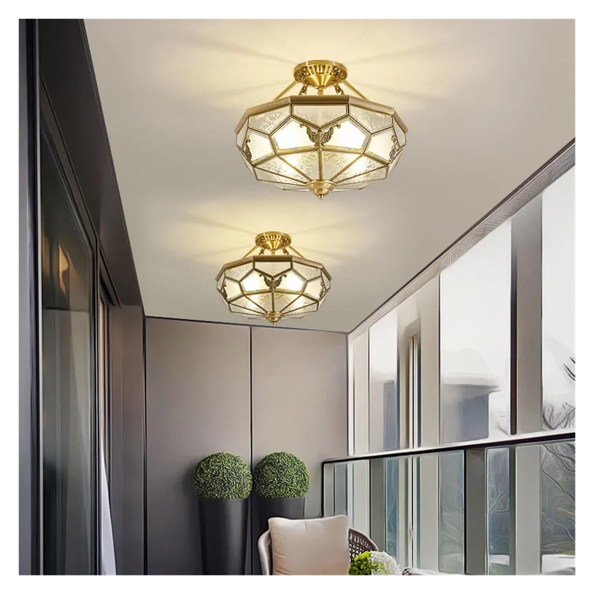 Vintage American Octagonal Flush Mount Ceiling Light Solid Brass Frame with Frosted Crackle Glass Shades Traditional Luxury Chandelier