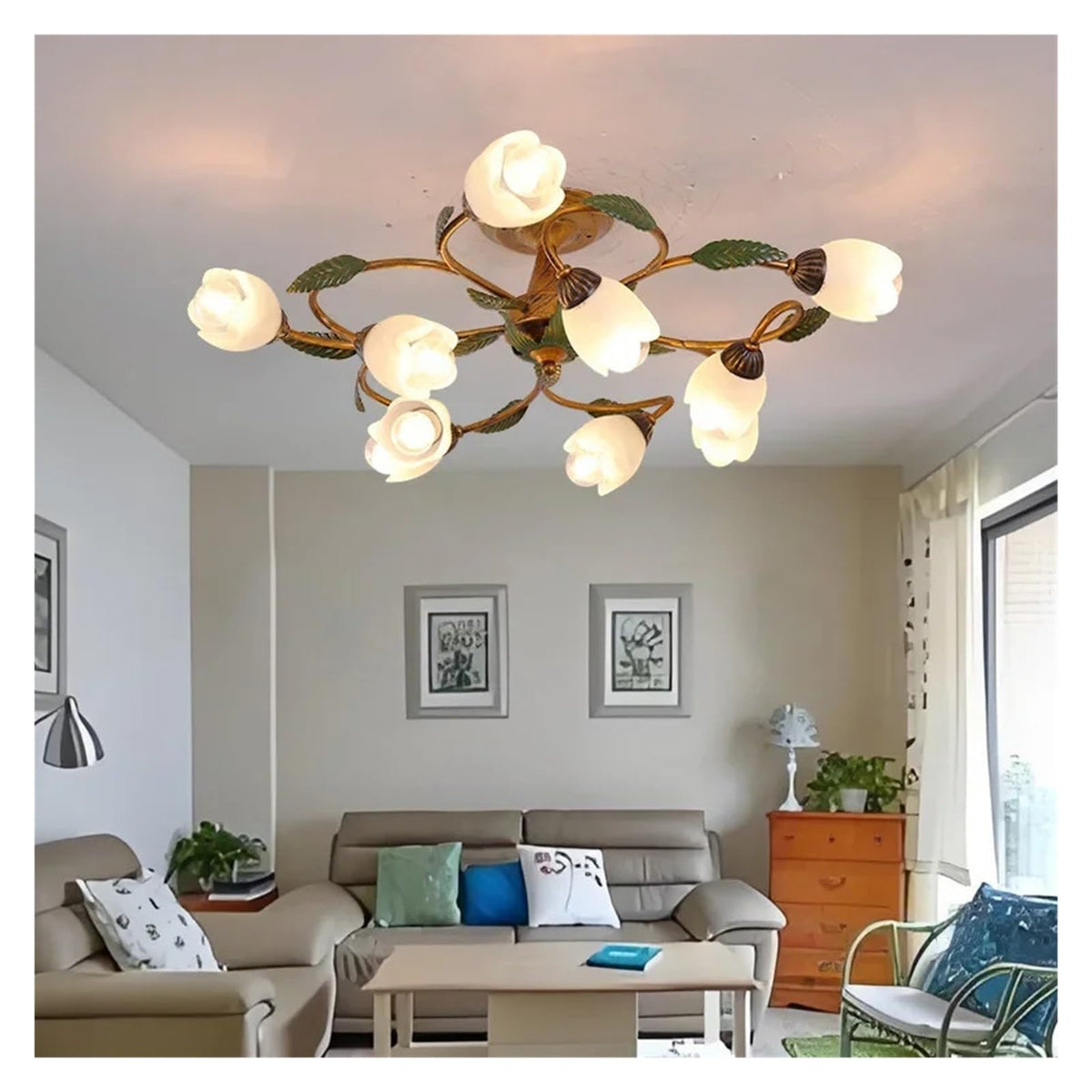 Vintage Flush Mount Ceiling Light Glass Shade Chandelier Antique Iron Metal Fixture,Practical