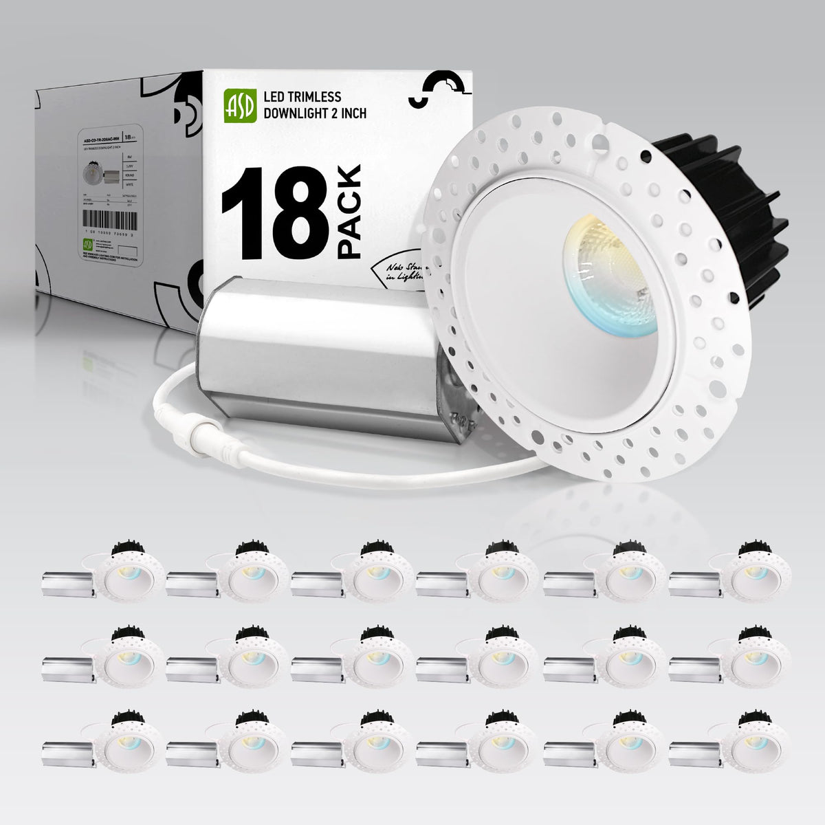 ASD 2 Inch Trimless Gimbal LED Recessed Ceiling Light, Adjustable Directional Downlight with Junction Box, 5CCT 2700K-5000K, 8W 717 Lumens, CRI90+, Anti-Glare, Dimmable, IC & Wet Rated, ETL, 18 Pack