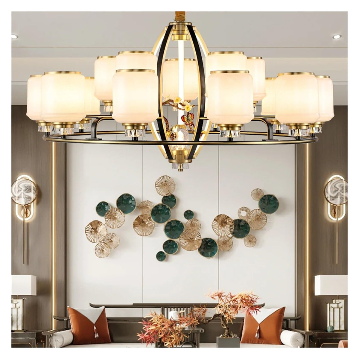 Modern Chandelier, Living Room Chandelier Chinese Full Copper Natural Jade Stone Dining Luxury Ambiance Architecture Villa Smart Lighting(15 Heads D102CM)