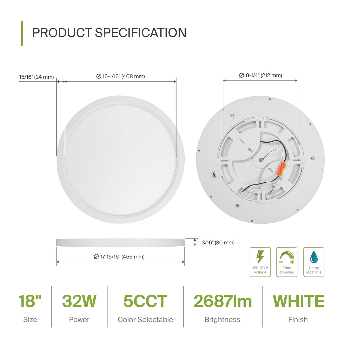 ASD 18" Round LED Flush Mount Ceiling Light 4-Pack | 5CCT, 277V | White