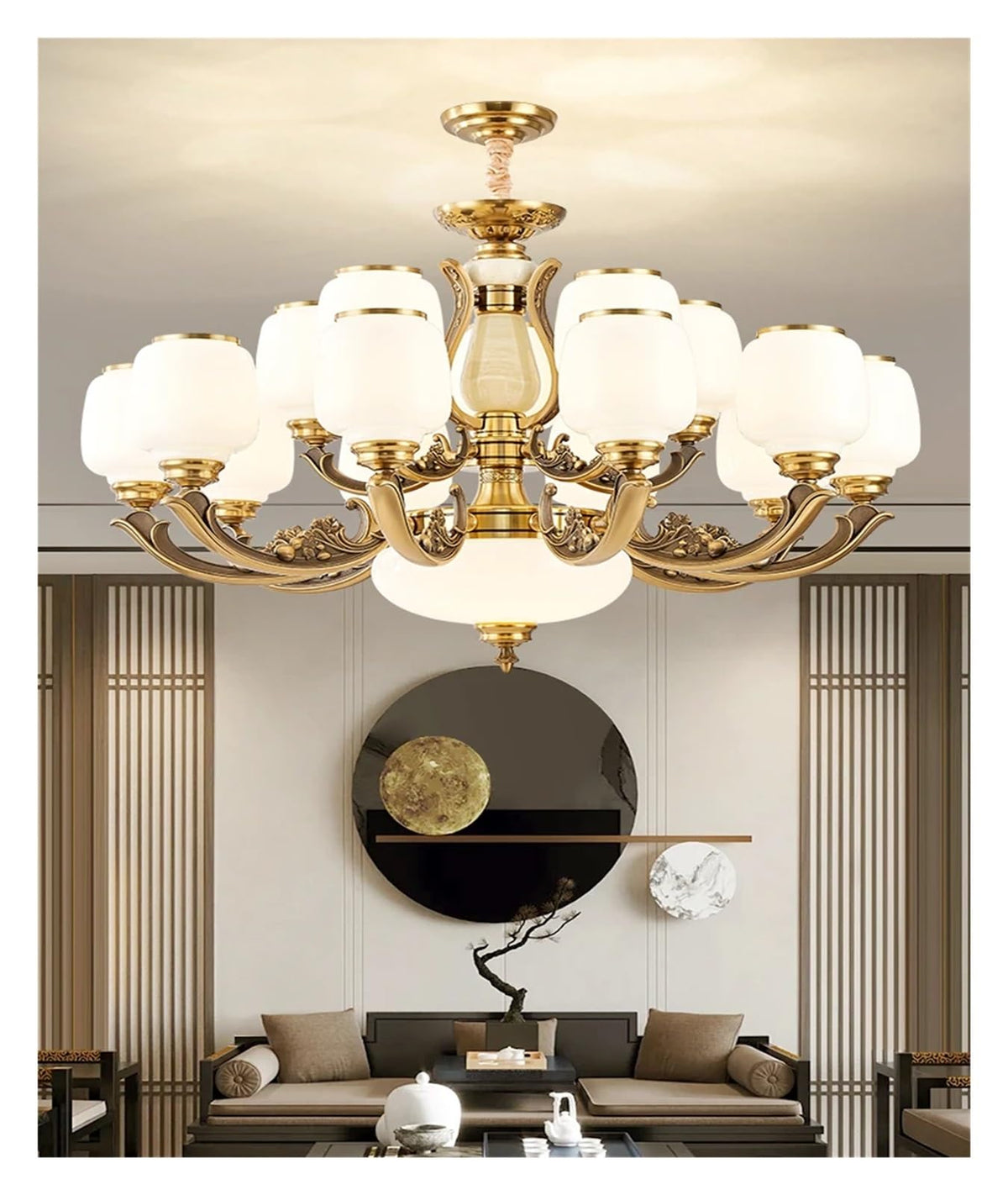 Natural Jade Center Column Glass Lampshade European Chandelier Available for High Ceiling Living Room Dining Room