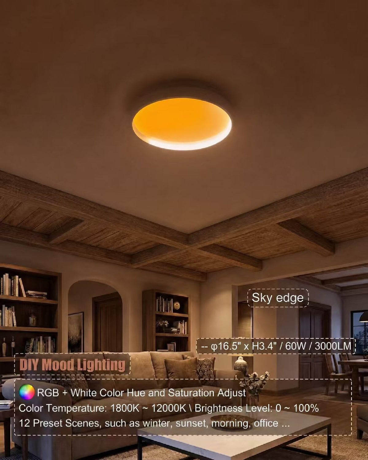 YUNKE 16.5" Smart Ceiling Light Flush Mount with APP Control & Magic IC