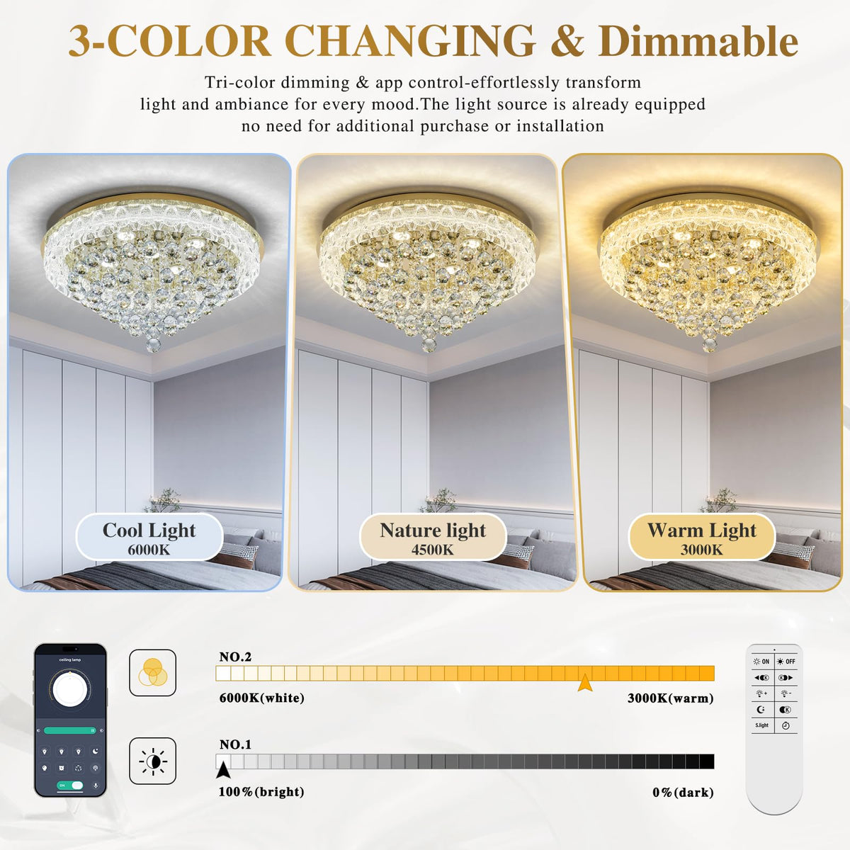 24.5"Crystal Ceiling Light Modern Gold Flush Mount Chandelier Light Fixture