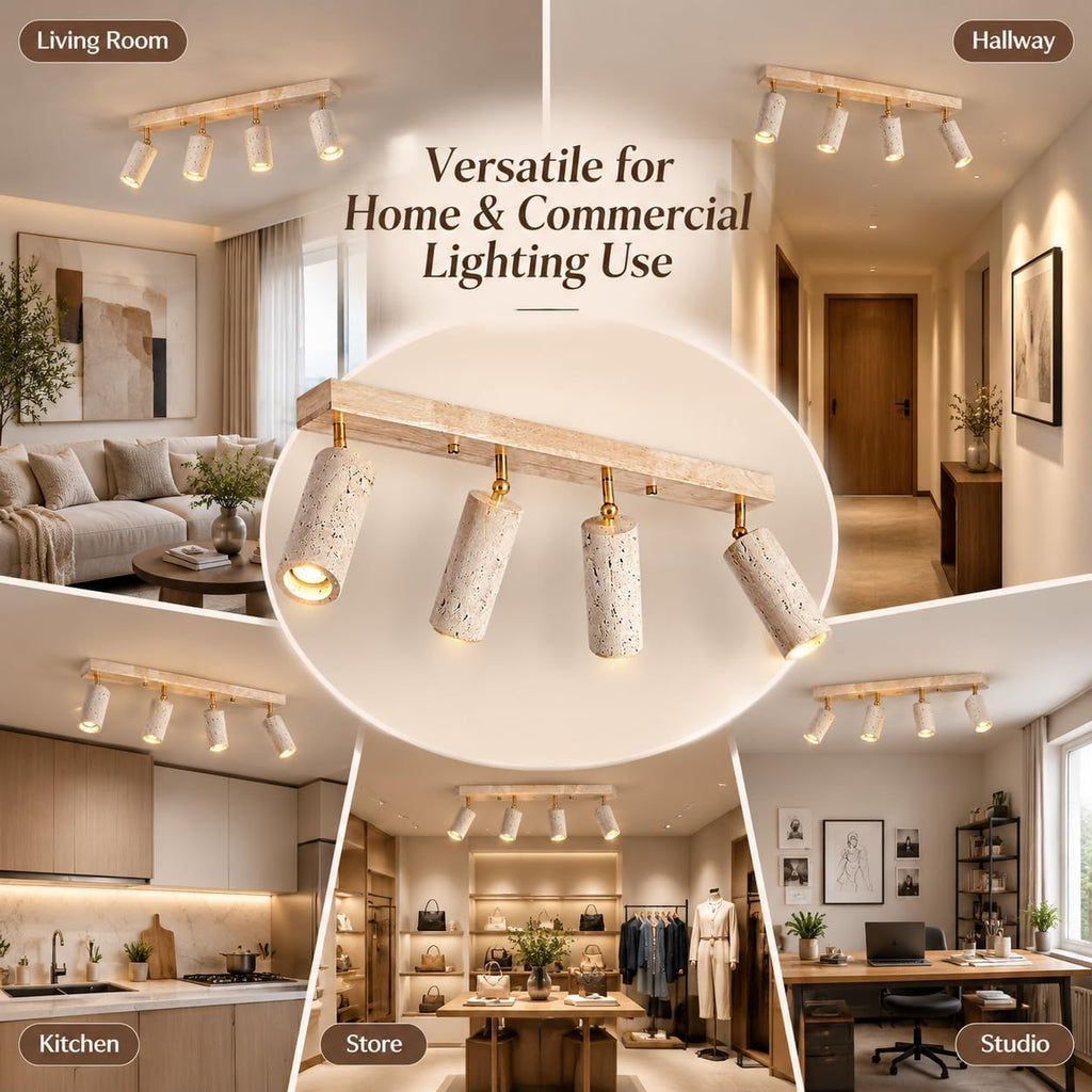 4 Light Yellow Travertine LED Ceiling Fixture with Wood Base 110V