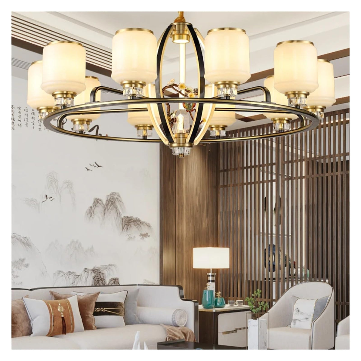 PendantLight, Living Room Chandelier Chinese Chandelier Full Copper Natural Jade Stone Dining Room Luxury Ambiance Architecture Villa Smart Lighting